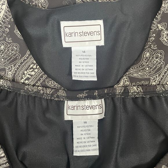 Skirt Set Size 14 Black Beige Paisley Flutter Short Sleeve A Line Y2K 2 Piece - Picture 11 of 16